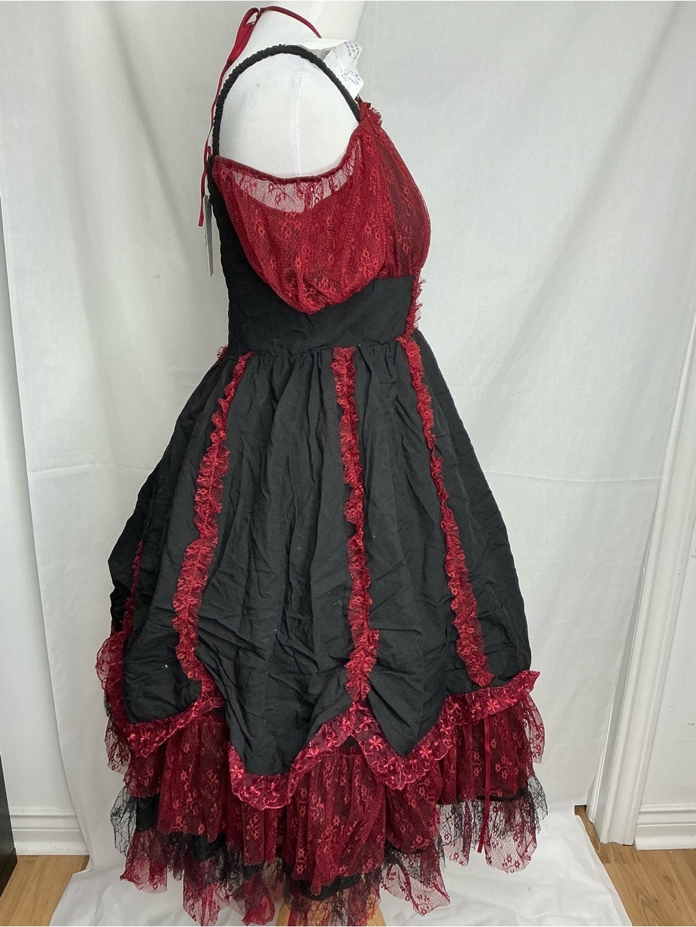 2198 - Red & Black Lace Trim Off-Shoulder Midi Dress
(Crinoline Not included). - Picture 4 of 16